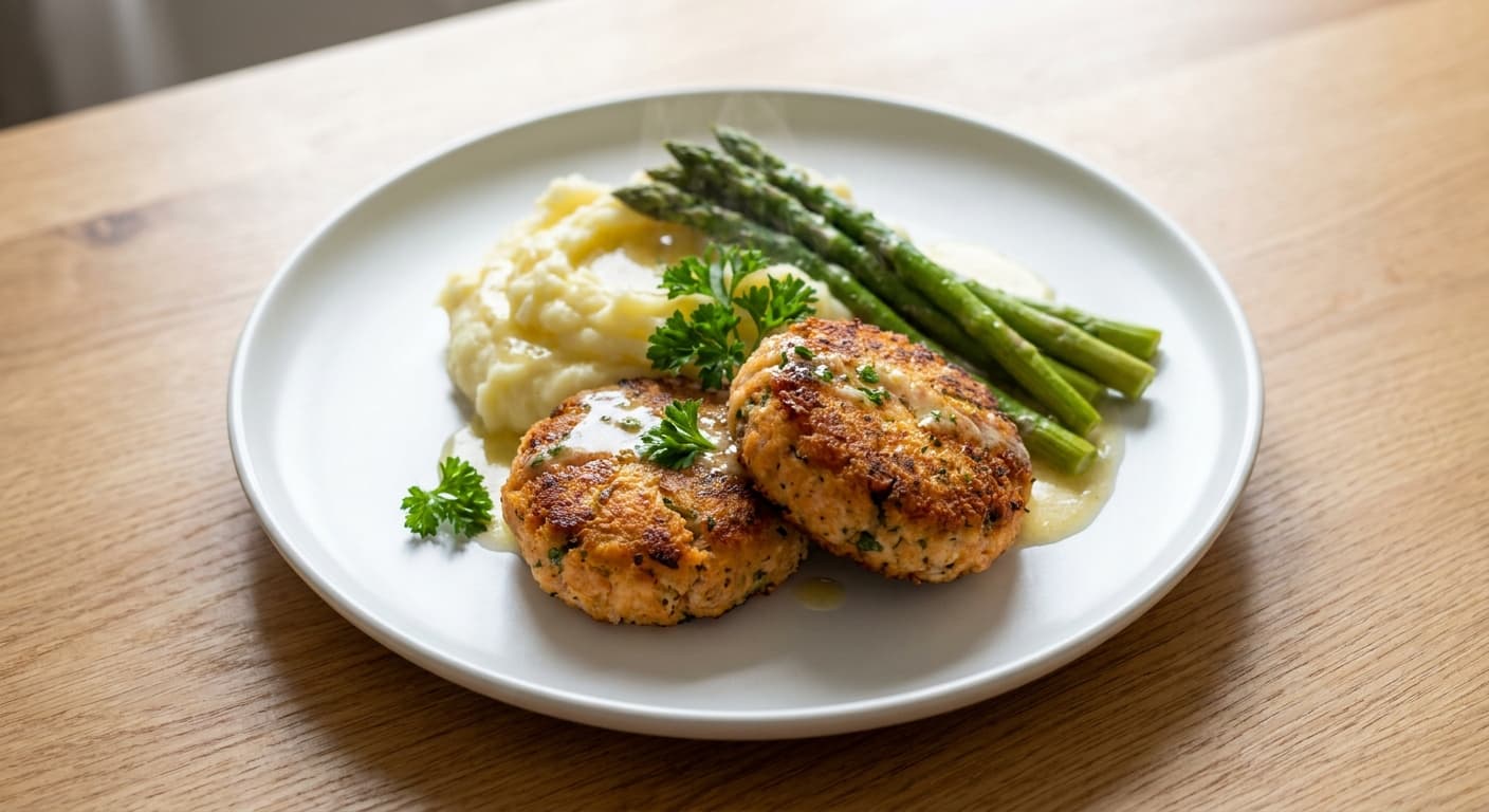 Salmon cake with Mashed Potatoes and Asparagus