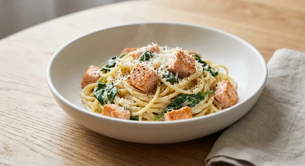 Salmon, Lemon and Spinach Pasta