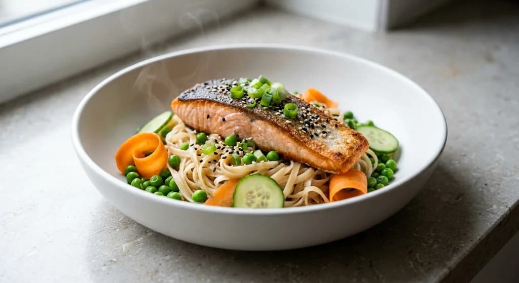 Salmon Noodle Bowl with Peas