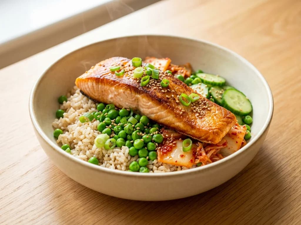 Salmon Rice Bowl with Peas & Kimchi