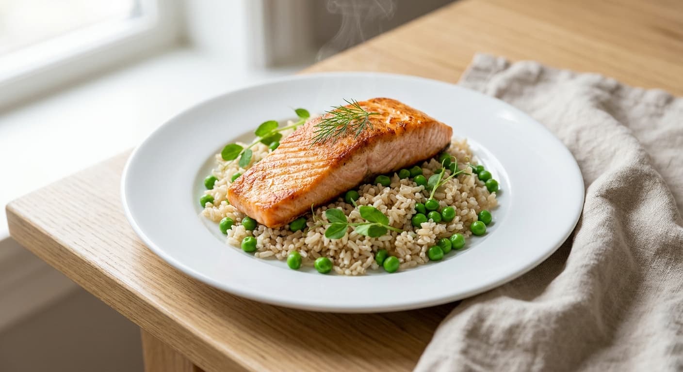 Salmon with Brown Rice and Peas