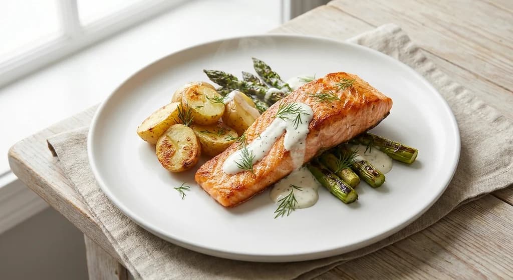 Salmon with Potatoes, Asparagus and Yoghurt Sauce