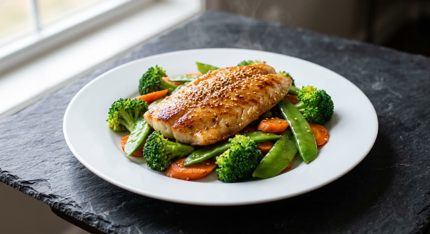 Sesame Basa with Stir-Fried Vegetables