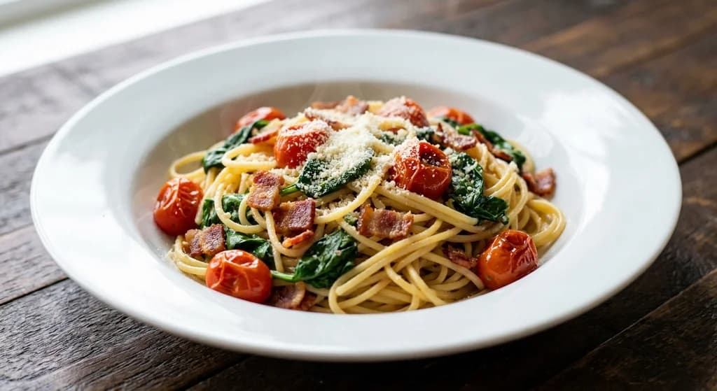 Spaghetti with Bacon, Spinach and Cherry Tomatoes