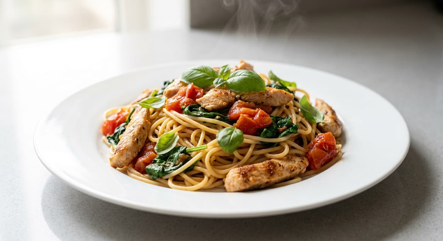 Spaghetti with chicken and spinach