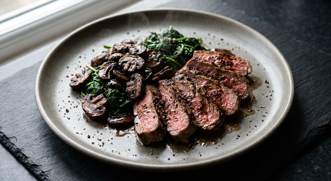 Steak with Balsamic Mushrooms & Spinach