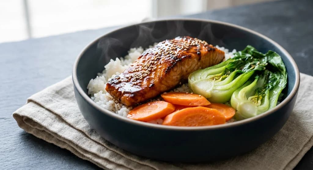 Teriyaki Salmon Bowl with Rice and Bok Choy