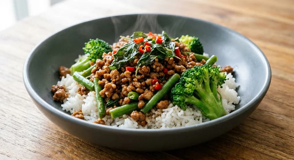 Thai Basil Pork Stir-Fry with Green Beans & Broccoli