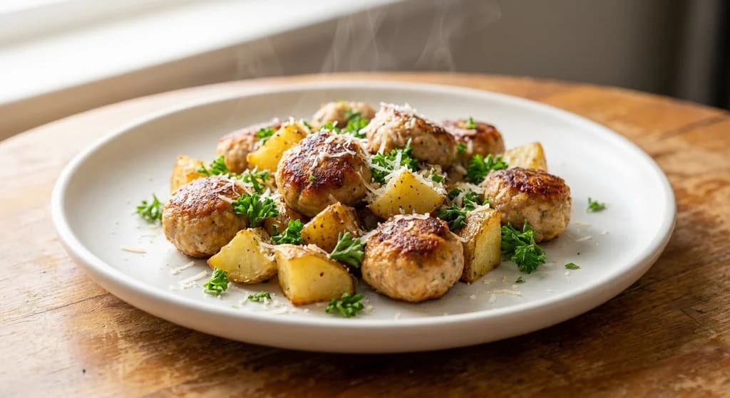 Turkey Meatballs with Garlic Potatoes