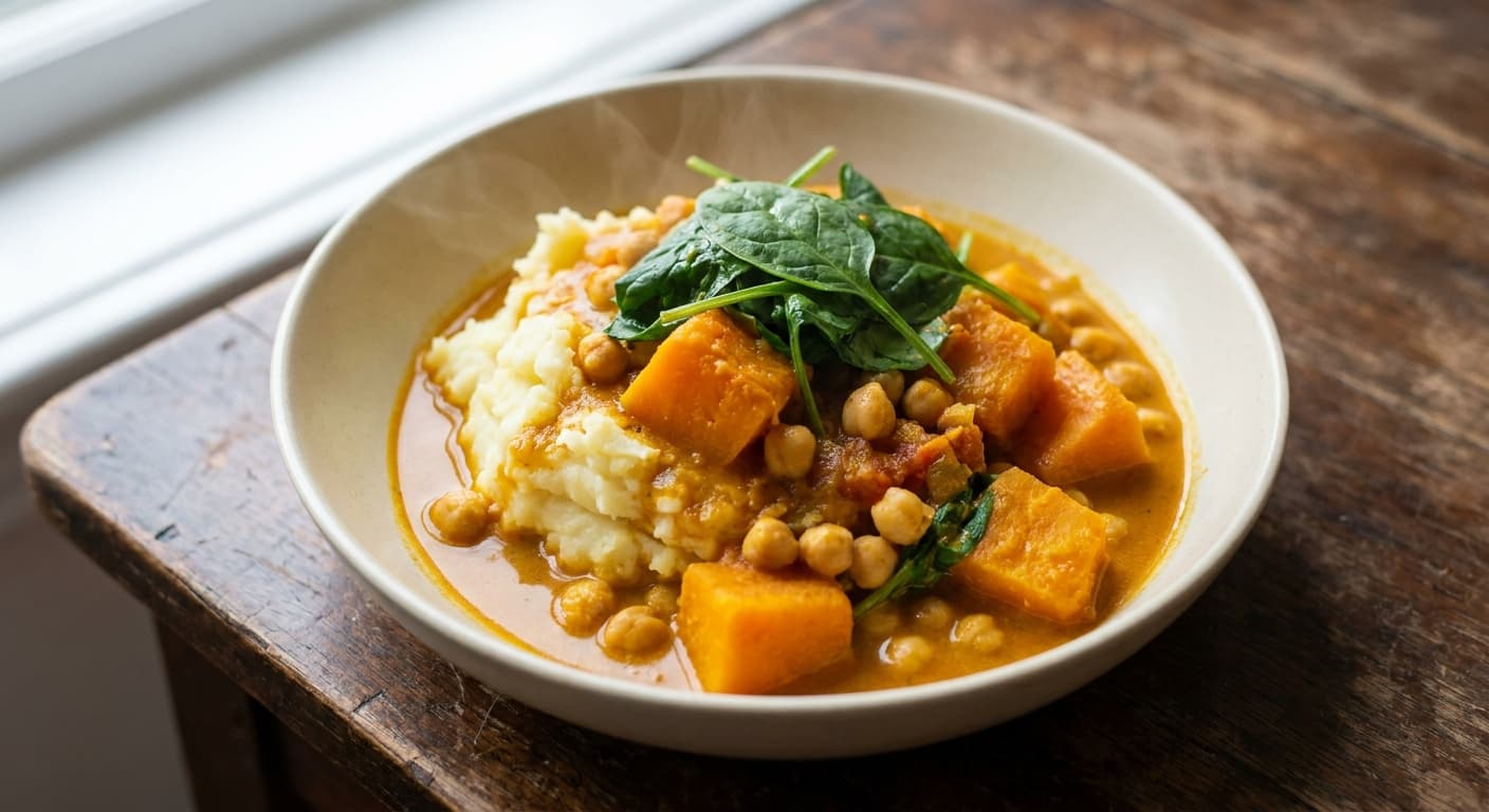 Vegetable and Chickpea Curry with Mashed Potatoes
